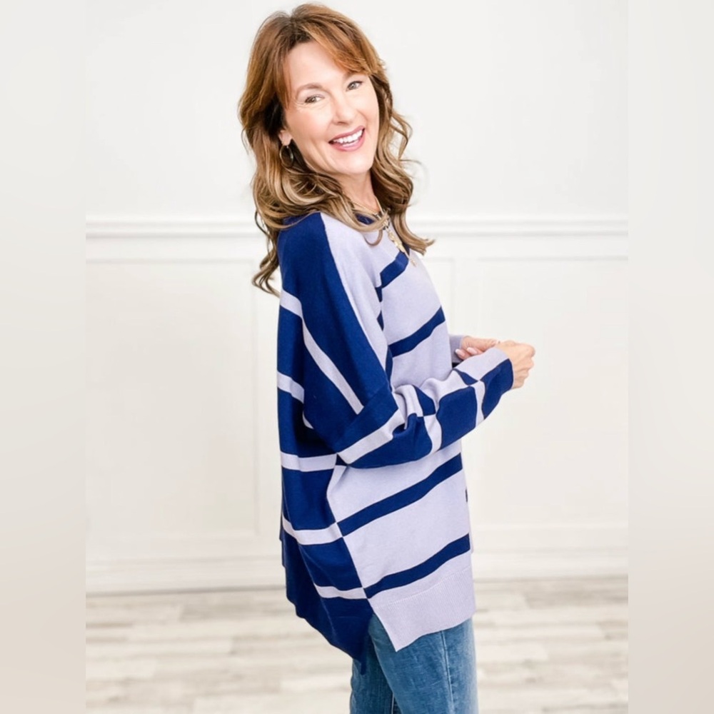 First Love Navy & Periwinkle Striped Sweater, Size Small
